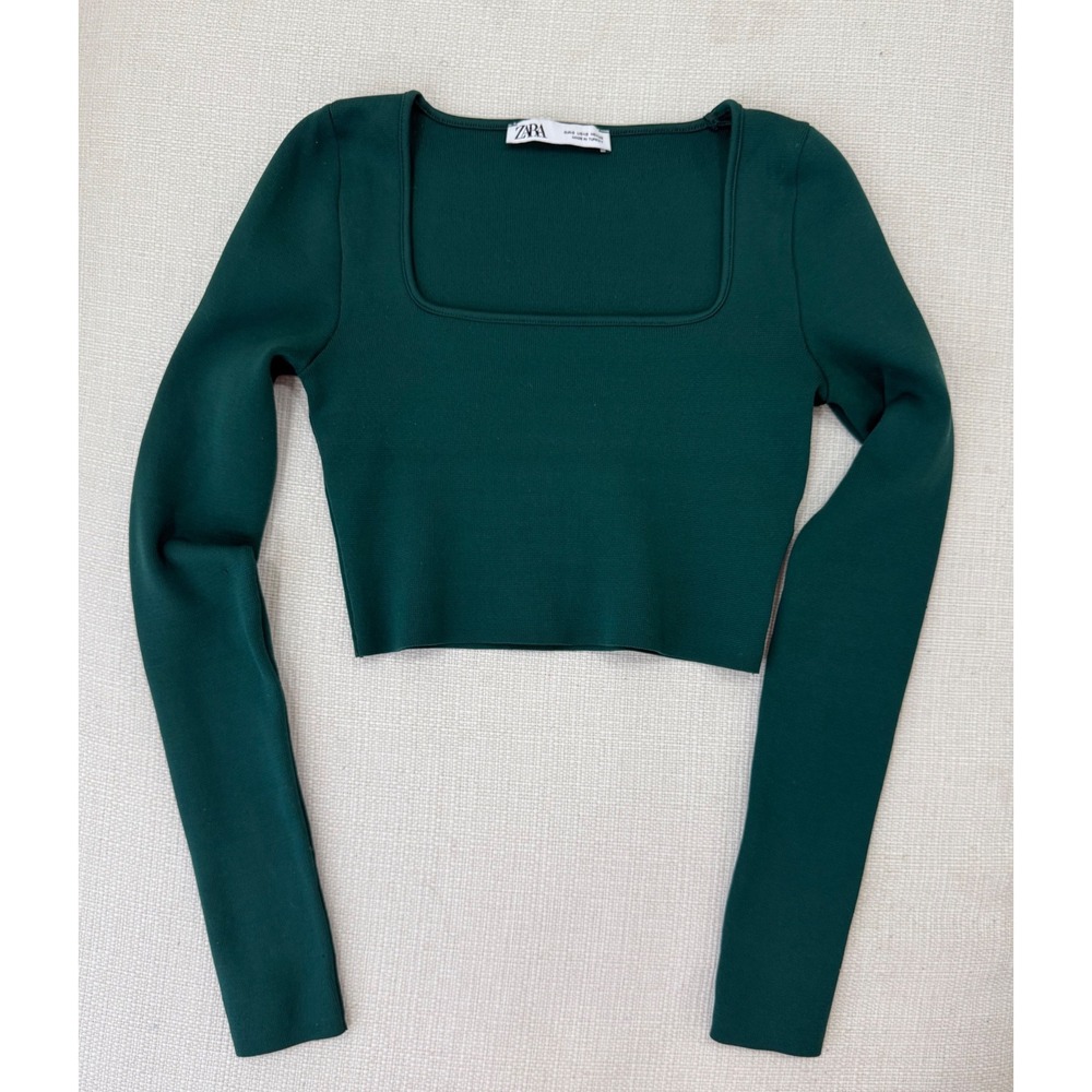 Zara Crop Top Womens Small Green Square Neck Long Sleeve Ribbed Knit Excellent